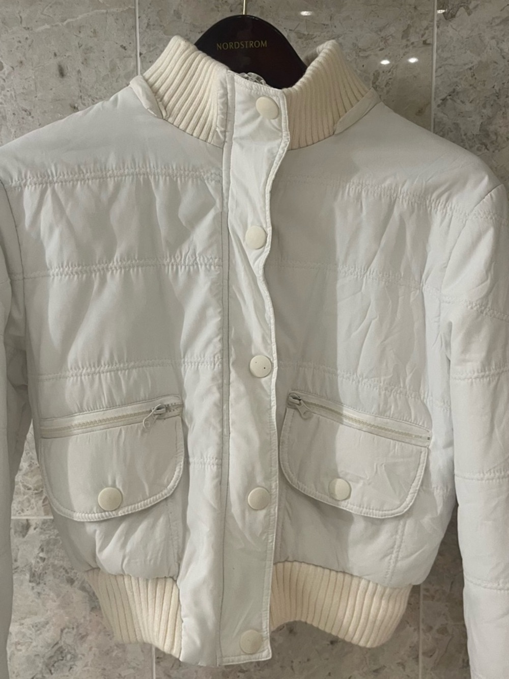 White Quilted Puffer Bomber Jacket with Cream Rib Trim